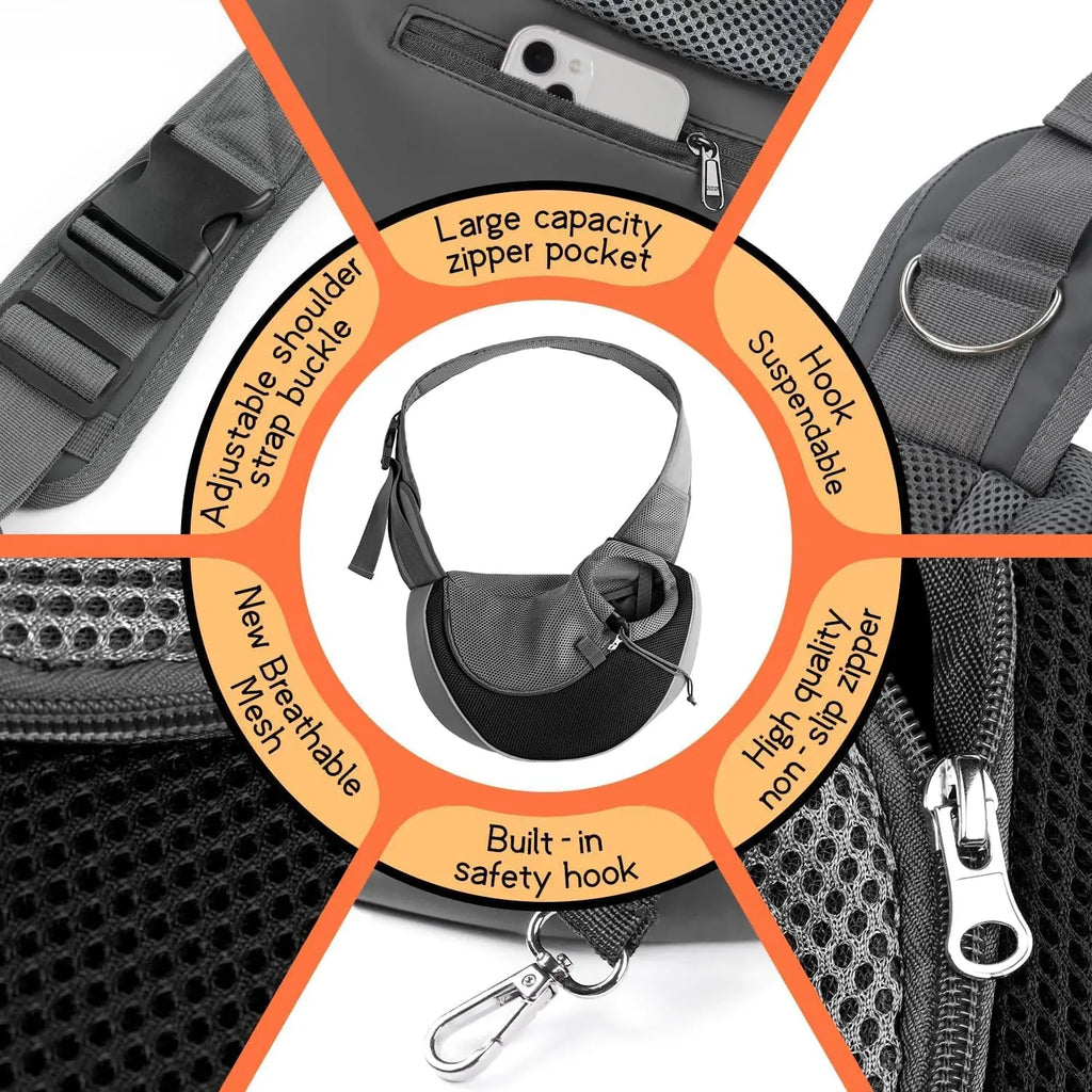 PawVault Pet Sling Carrier — woman wearing hands-free dog sling bag with small dog inside
