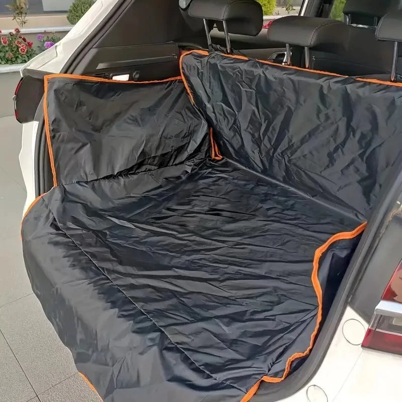 Dog in car trunk with PawVault waterproof pet mat installed – PawVault