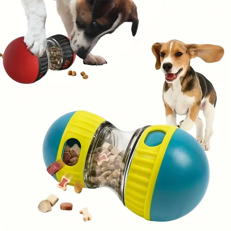 Dog playing with interactive treat dispensing wobble ball