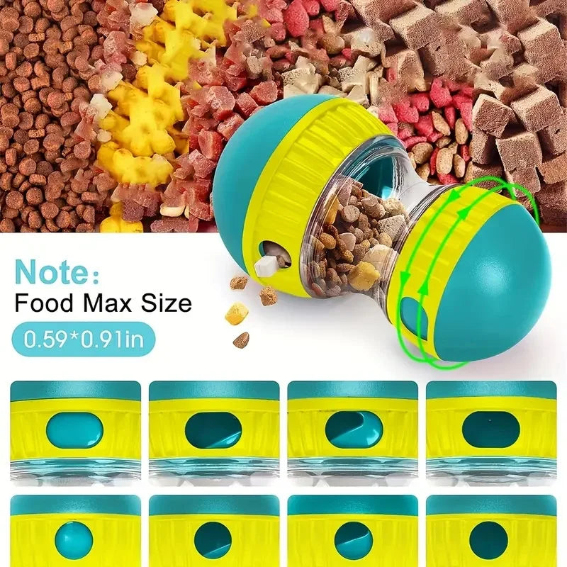Treat dispensing toy with dog eating treats